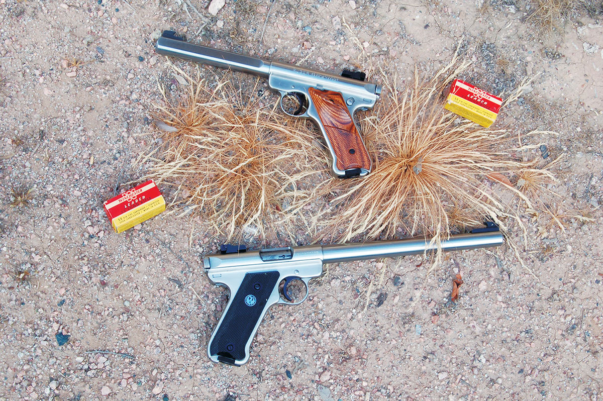 Stainless Ruger Mark II 10-inch Target (bottom) with later 63 ⁄4-inch Government Target Model (top).
